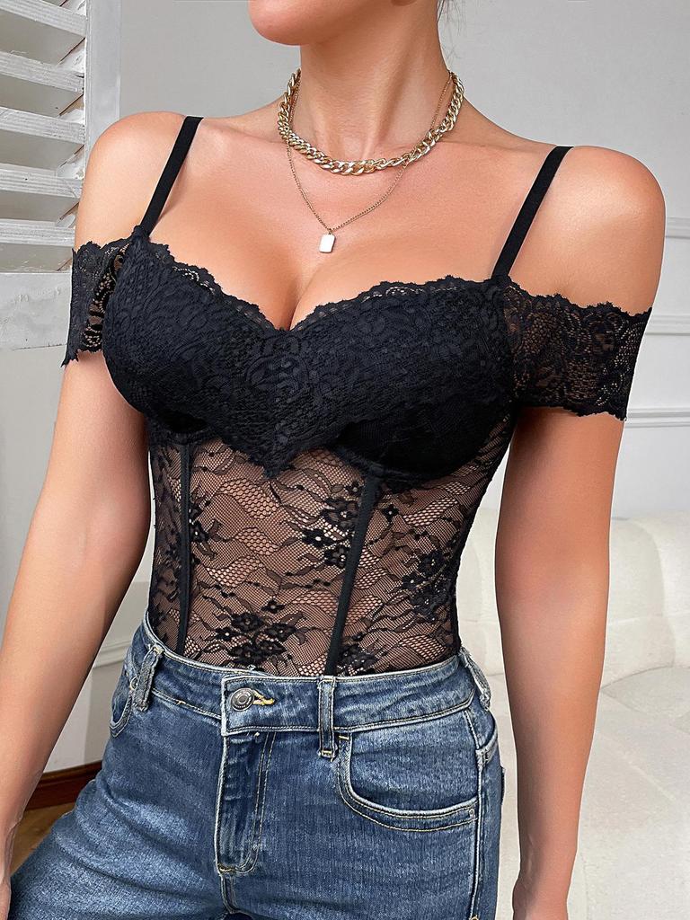 Trendy Black Lace See-Through Strappy Backless Bodysuit