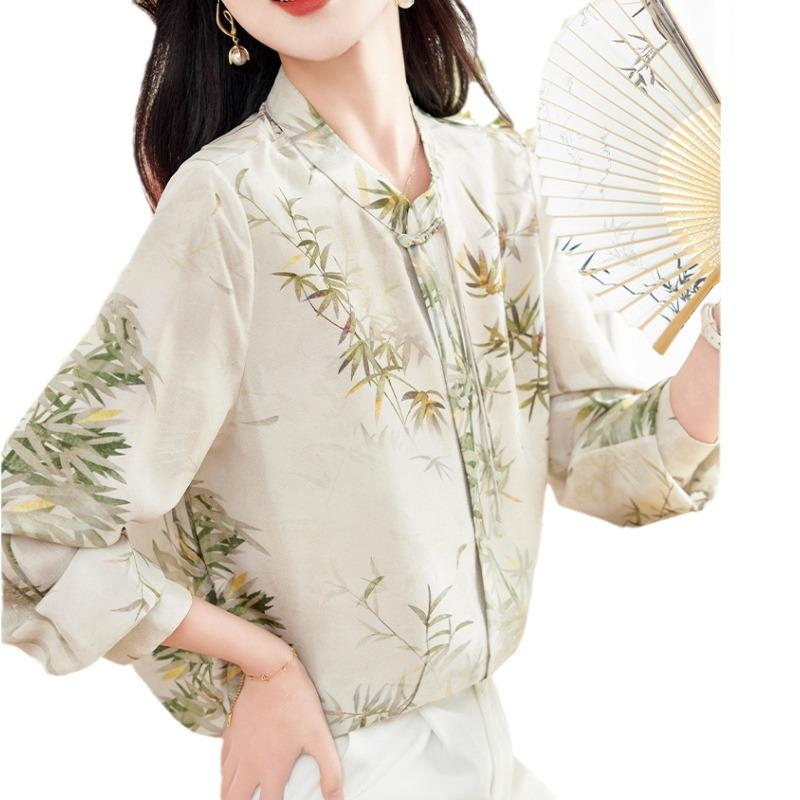 Silk shirt women's spring and autumn clothes new double crepe mulberry silk printed top