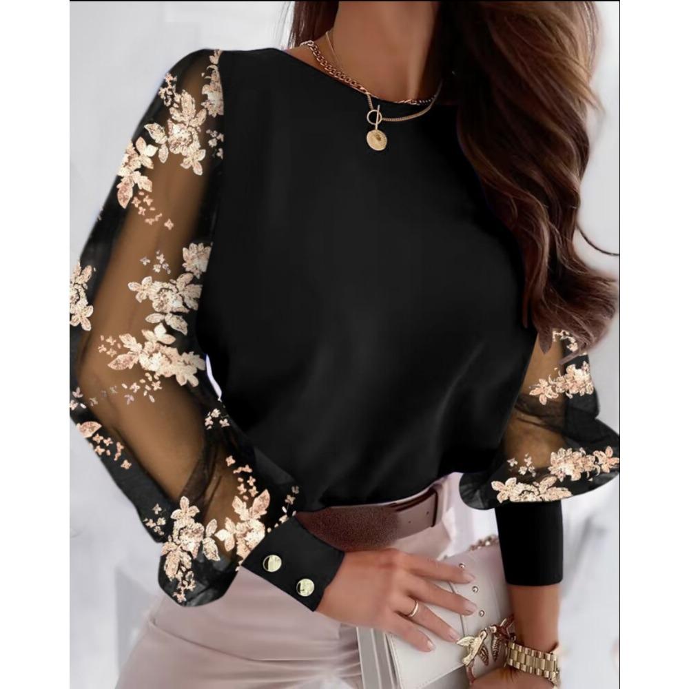Autumn Long-sleeved Fashionable Round-neck Petal-sleeve Blouse for Women