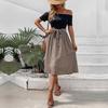 Summer new European and American women's clothing one-word shoulder contrasting color slim dress