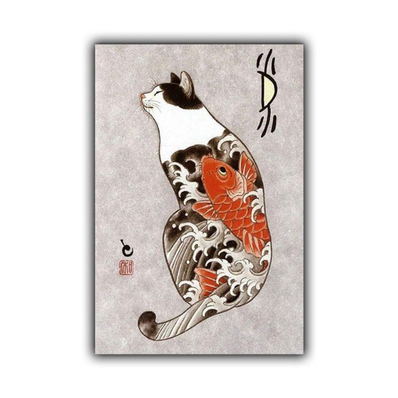 Retro Art Poster Japanese Style Funny Tattoo Pattern Cat Pictures Canvas Print Living Room Wall Art Corridor Home Decor Painting