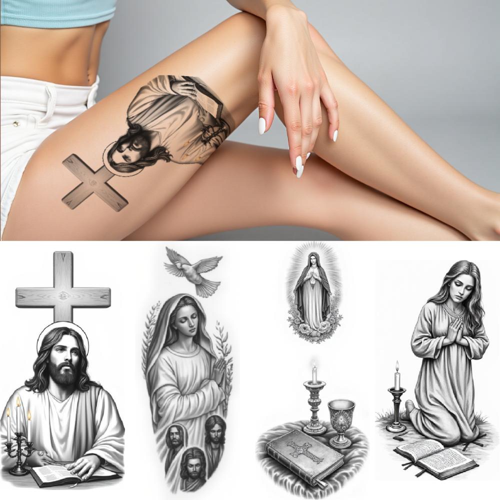 3pcs Temporary Tattoo Black And Grey Realism Praying Woman Book Virgin Mary For Arms Men Thighs