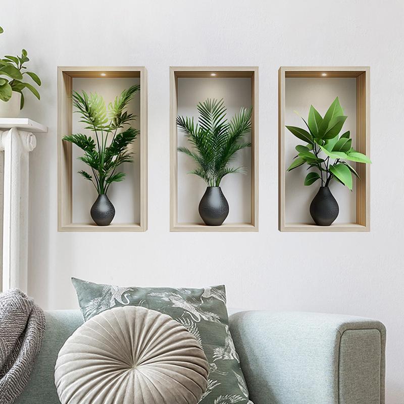Green Plants Wall Sticker Potted Mural Simulation Painting For Living Room Home Decor Background Wall Art Removable Decals