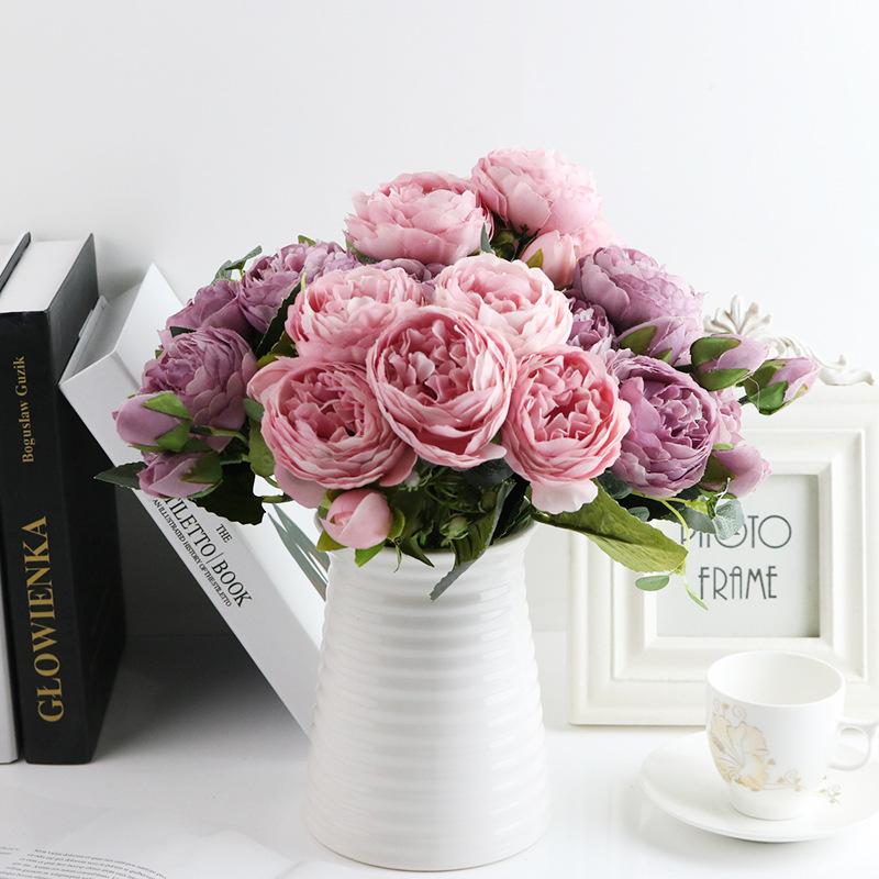 1 Bundle Artificial Roses Flowers Silk Peony Bouquet Home Decoration Accessorie Wedding Party Scrapbook Fake Plants Diy Pompons