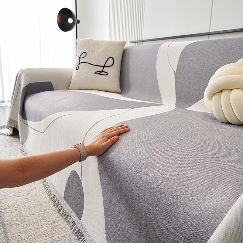 Simple Line Pattern Sofa Towel Cover, Reversible Chenille Sofa Cover Living Room 3-Seater Sofa Blanket Four Seasons Universal