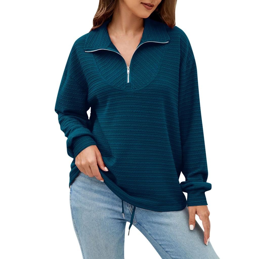 Women's Fashion Lapel Zipper Drawstring Loose Pullover Long Sleeve Casual Sweatshirt