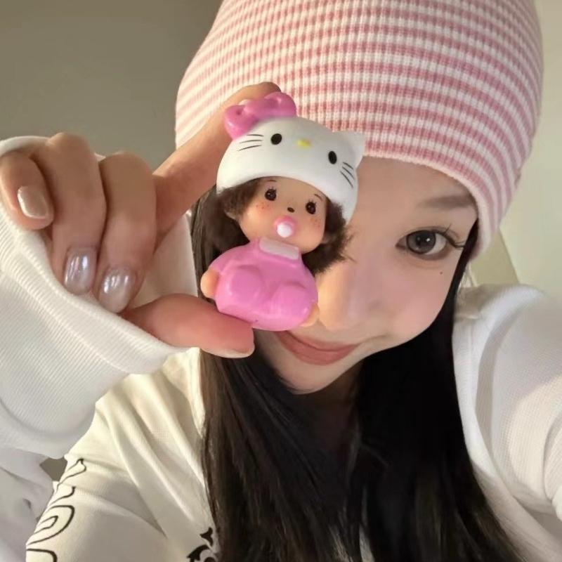 Hello Kitty Monchhichi Vinyl Figure Keychain Cute Anime Keyring Car Bag Pendant Desktop Ornament Wedding Gift for Fans Kids