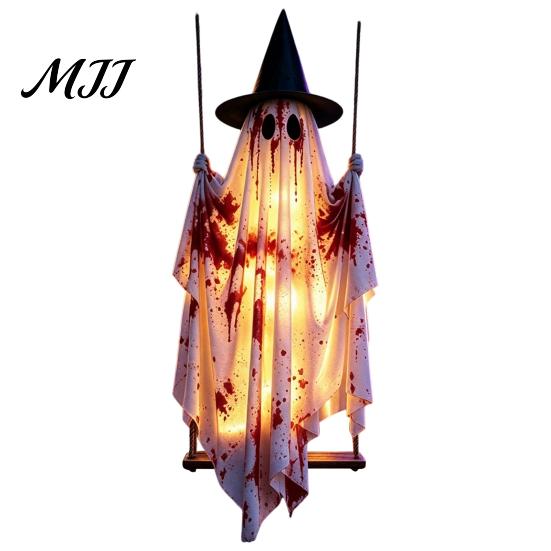 Remote Control LED Ghost Hanging Swing Halloween Decoration, Spooky Light Up Large Swinging Courtyard Decoration with Blood Fabric for Porch Yard Tree