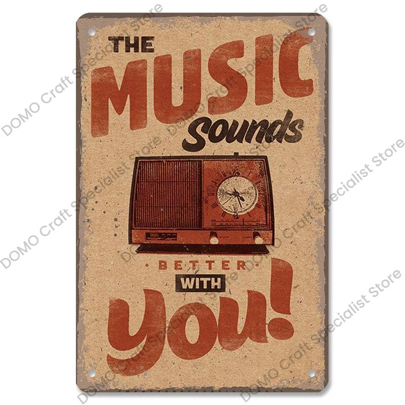 Retro Music Metal Tin Signs - Ideal for Music Party! Features CD, Radio, Guitar. Decor for Bar, Club, Living Room.