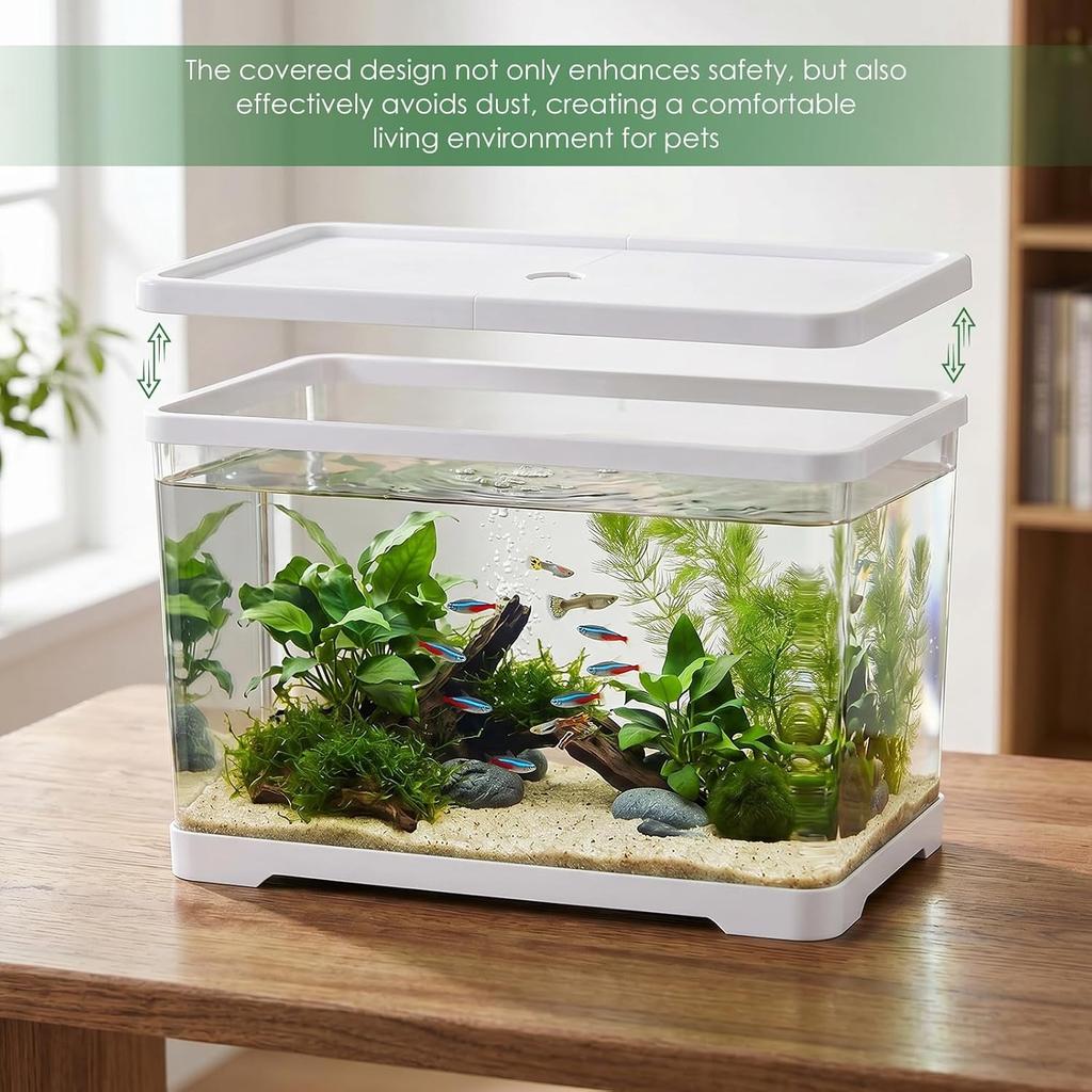 Acquario di Plastica da 2 Galloni con Foro di Scarico - 30x19x17cm Acquario Rettangolare Piccolo Antirottura per Pesci Betta & Guppy - Terrario Trasparente da Scrivania
