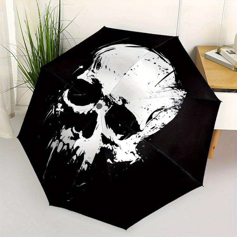 1pc Skull Art Automatic Open/close Folding Compact Umbrella, 8-Rib Sturdy Canopy, Lightweight Portable, Everyday Use, Gift, Outdoor Umbrella, Travel E