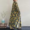 Echter Frühling und Sommer Neu Retro Baumwolle und Leinen Druck Locker Lässig Pilzspitze Kragen Langärmlig Großes Schwingkleid