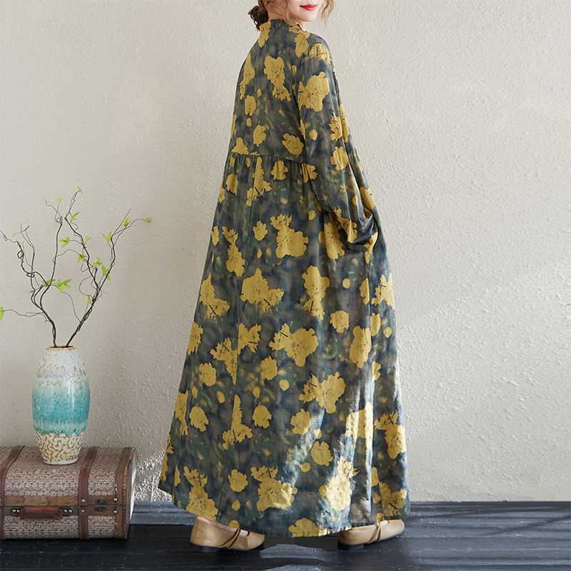 Real Spring and Summer New Retro Cotton and Linen Printing Loose Casual Fungus Lace Collar Long-sleeved Big Swing Dress