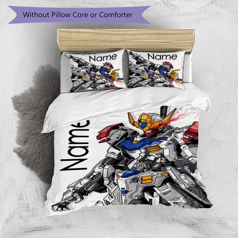 3pcs Custom Name Cartoon Mobile Suit Gundam Bedding Set Duvet Cover Closure Includes 1 Duvet Cover & 2 Pillowcases for All Seasons Bedroom Decor