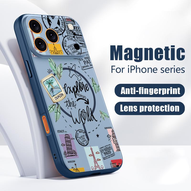Travel Label Landmark Pattern Case For iPhone 17 Pro Max Magnetic For Magsafe Skin Feeling Cover For iPhone 16 15 14 13 Pro Max