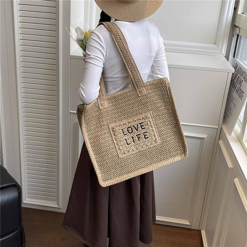 Stylish Woven Tote Bag for Women Embroidered Straw Handbag with Large Capacity and Casual Design