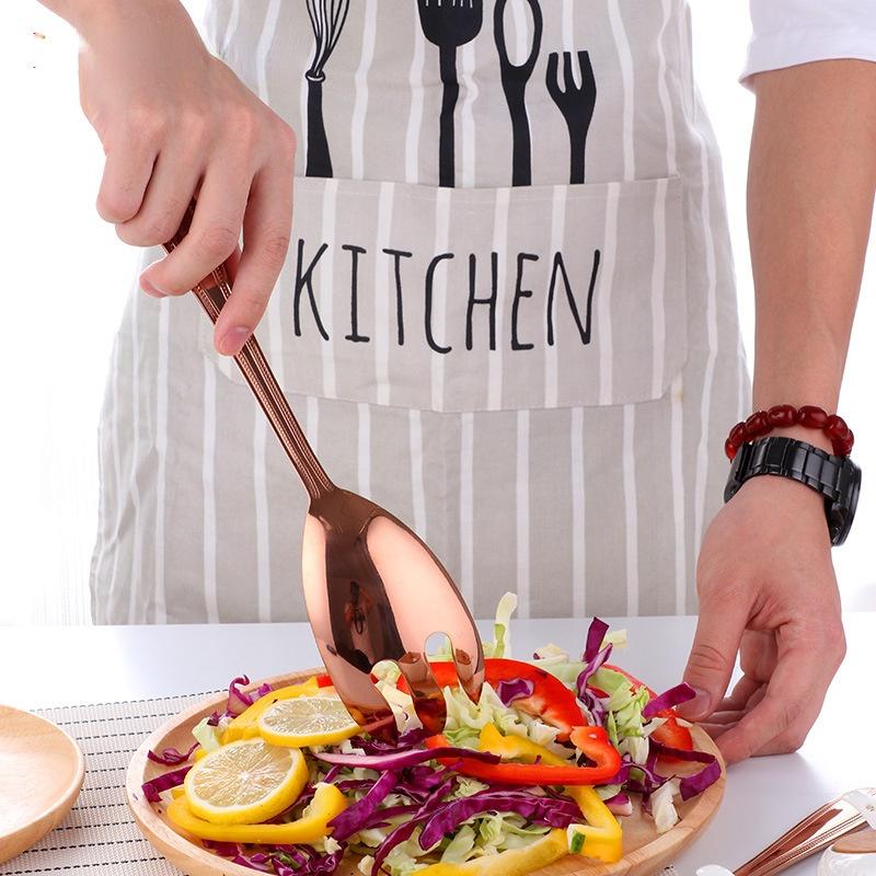 2Pcs/Set Big Salad Spoon Fork Set Stainless Steel Gold Kitchen Food Server Pasta Tableware Home Kitchen Restaurant Tools