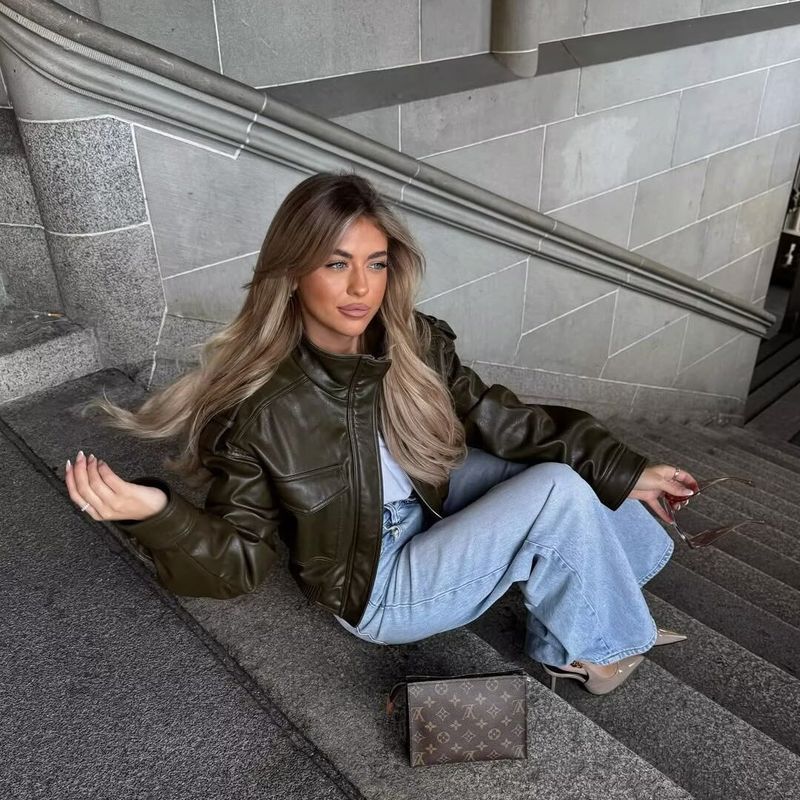 Za Autumn and Winter New Arrivals Women's Clothing Zr European and American Style Fashionable High-Neck Faux Leather Bomber Jacket 6318250