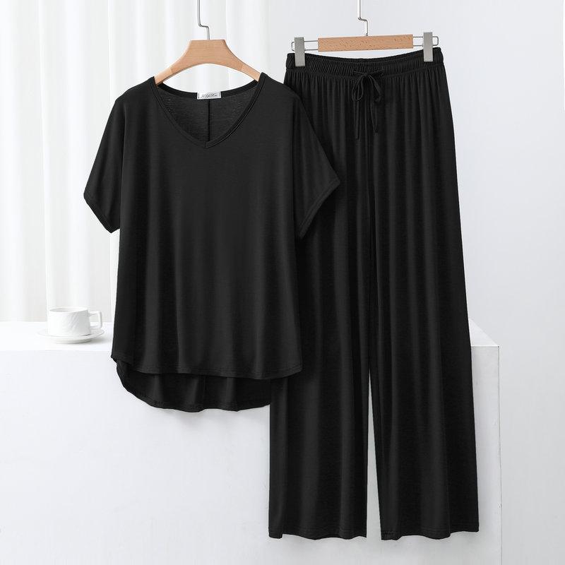 Summer Modal Homewear 2 Piece V-Neck Short Sleeve Tshirt and Wide Leg Pant Ankle Length Loose Sleepwear Set Comfort Pajama Sets