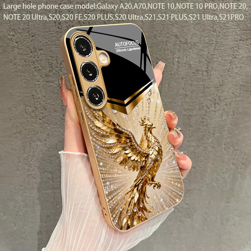 Diamond Decorated Phoenix Pattern 2D Phone Case for Samsung S26 S25 S24 S23 S22 S21 S20 A56 A36 A16Golden Glass Protective Cover