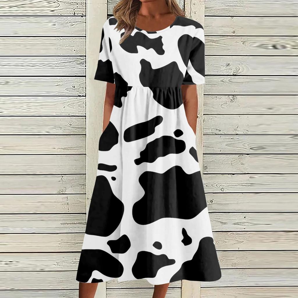 Kjoler Til Dameklær Lange Ballkjoler Boho Utskrift O-hals Kortermede kjoler med lomme