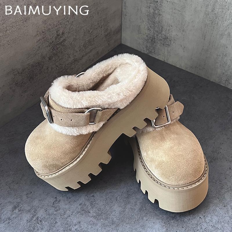 Fur Platform Women Cotton Slippers Suede Short Plush High Heels Mules Shoes 2025 Trend Warm Casual Buckle Winter Botas De Mujer
