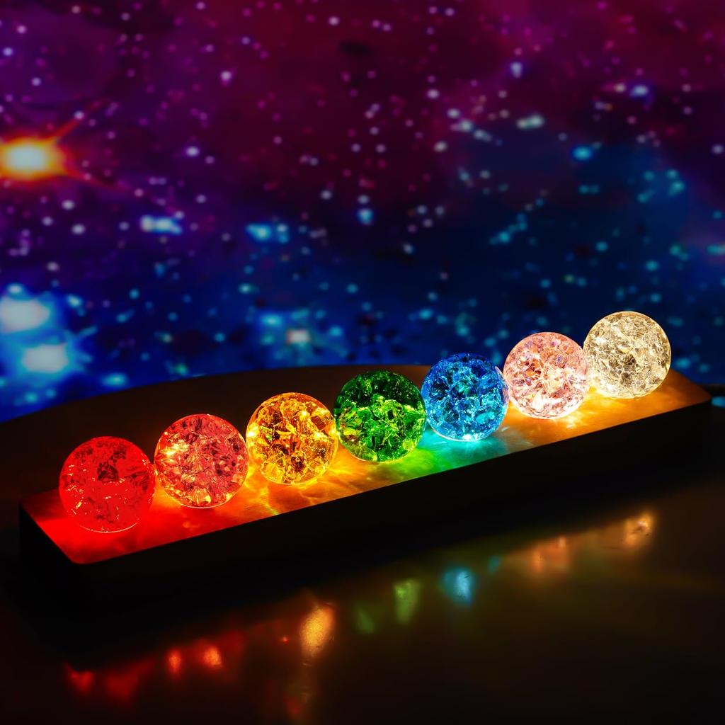 KRISININE 7-Color 40 Mm Crystal Cracked Glass Balls with LED Wooden Base (Home Décor Light for Meditation, Yoga, Relaxation)