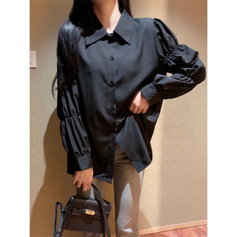 Fashion Niche Black Ladies Shirt with Buttons, French Retro Chic Bubble Long-sleeved Ladies White Top