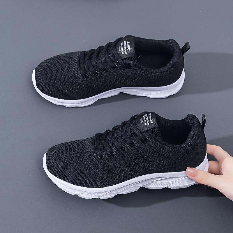 Women'S Casual Shoes  Fashionable And Breathable Walking Mesh Flat Sports Shoes Lace Up Round Toe Black Plus Mesh Running