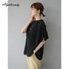 Korean Style Spring Summer Women Casual Loose Blouse Ruffled Collar White Black Pleated Blouse Batwing Sleeve Elegant Office Lady Blouse