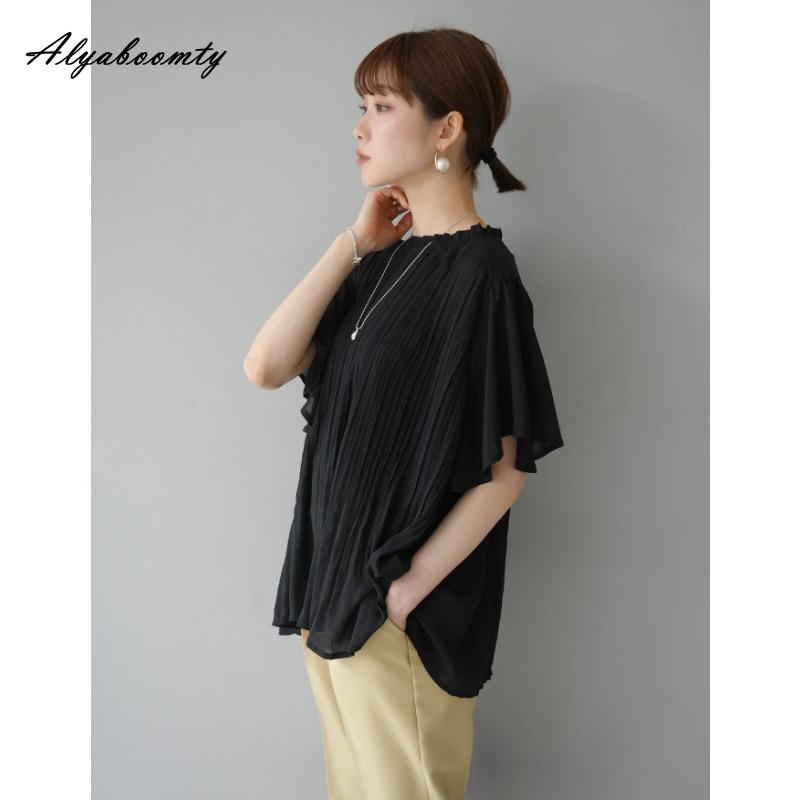 Korean Style Spring Summer Women Casual Loose Blouse Ruffled Collar White Black Pleated Blouse Batwing Sleeve Elegant Office Lady Blouse