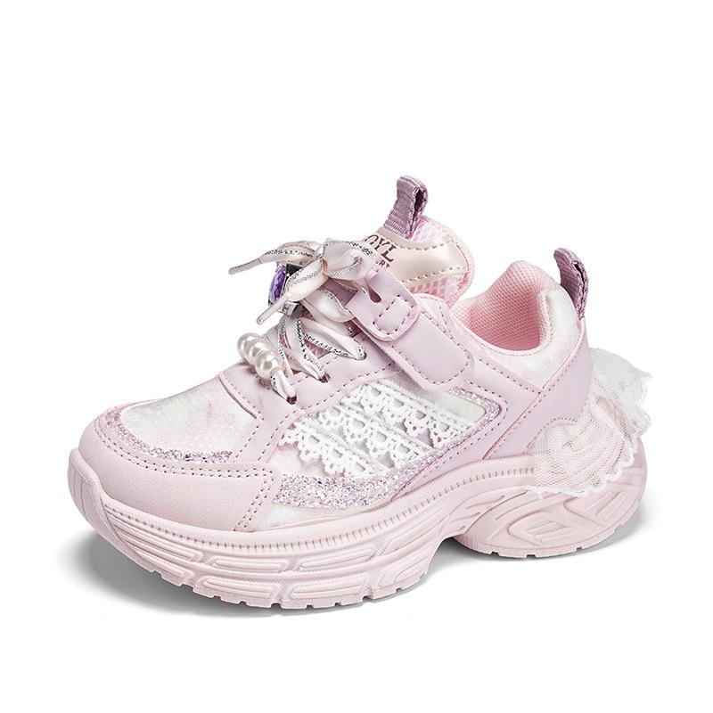 Girls' dad shoes 2025 autumn new fashionable foreign style little girl lace pearl children's sports shoes running shoes