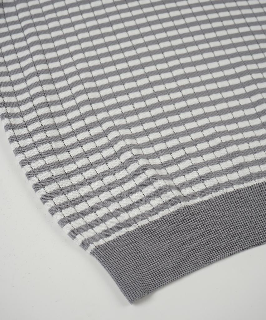 BIRBANTE Summer Washable Henley Neck Knit - Gray Stripe