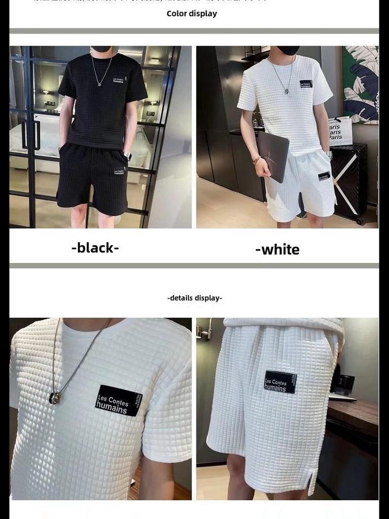 Herr Trendig Våfflad Kortärmad T-shirt och Shorts Sommarset