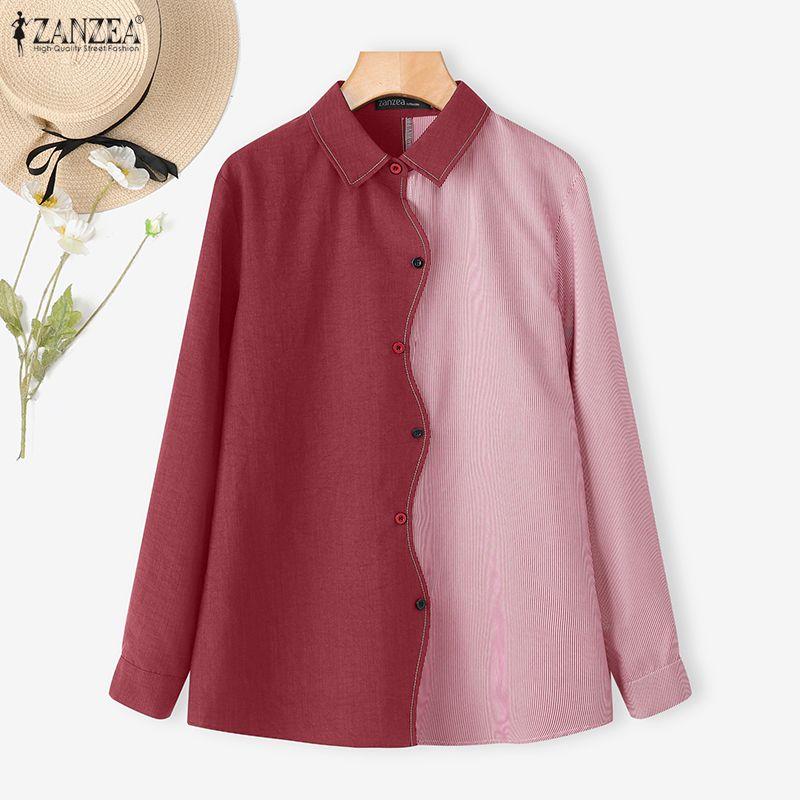 ZANZEA Women Casual Turn Down Collar Long Sleeve Splice Blouse