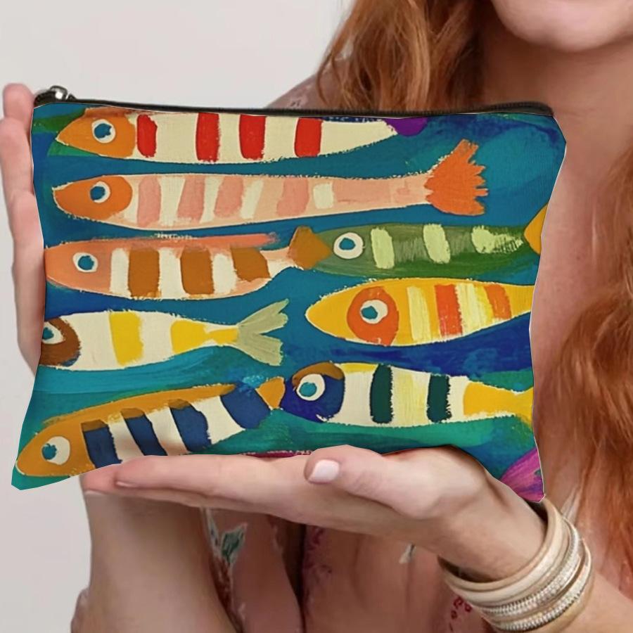 

1pc Vintage Sardine Pattern Cosmetic Bag Travel Makeup Organizer for Toiletries & Brushes, Portable Unisex Design for Travel