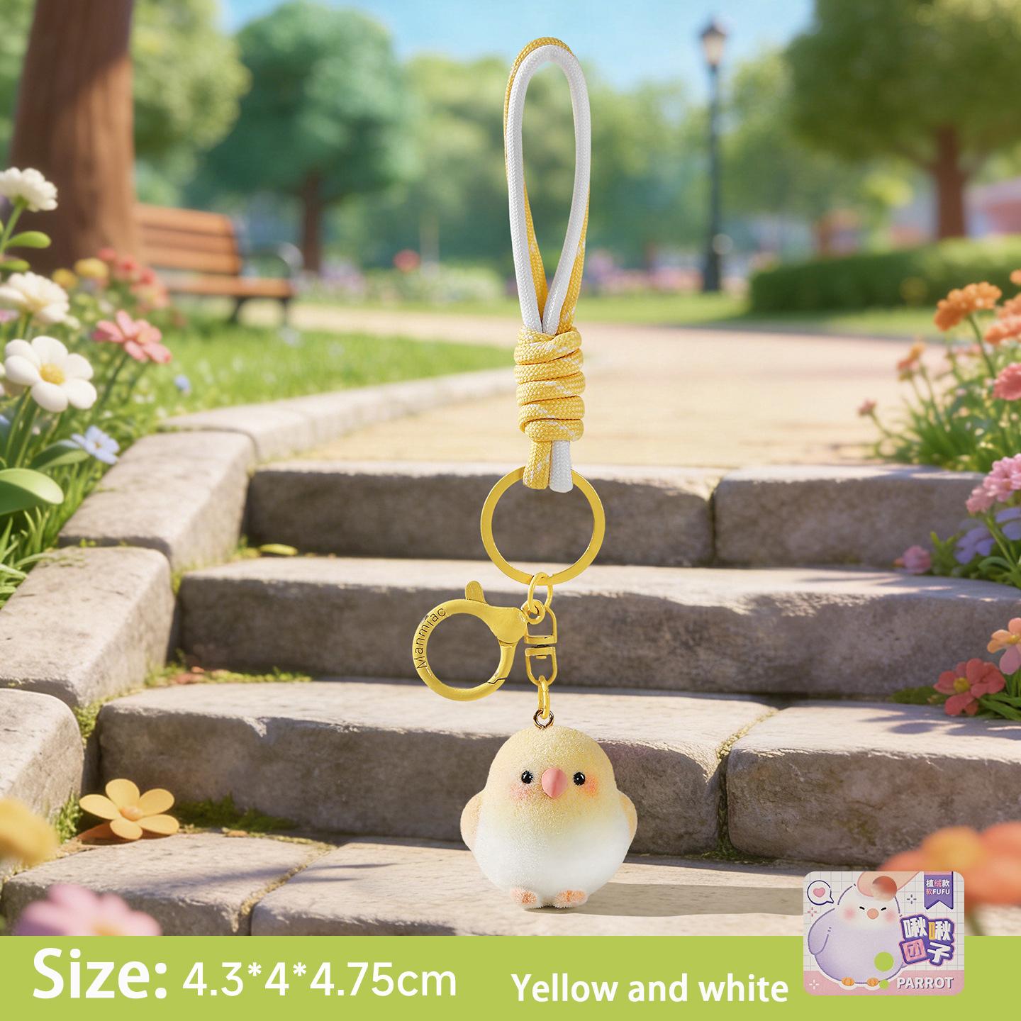 Flocked bird pendant keychain with hanging string - cute cartoon accessory for bags, suitable as a birthday gift.