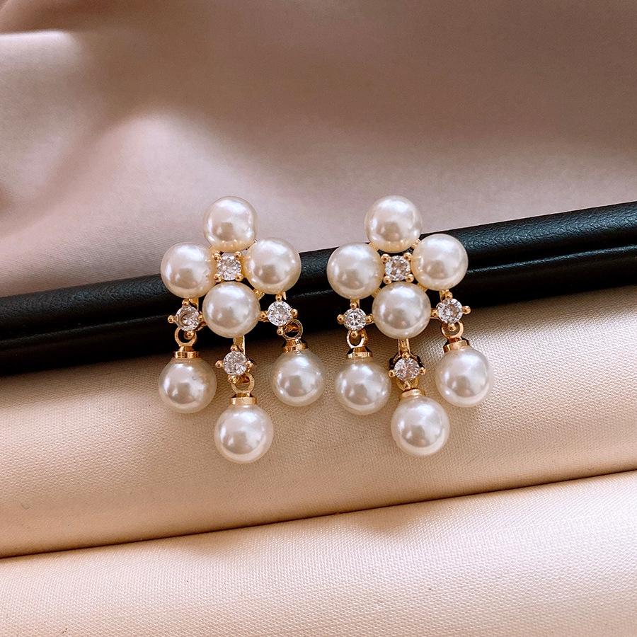 Silver Needle Zircon Pearl Tassel Earrings - Elegant Retro Design for Women