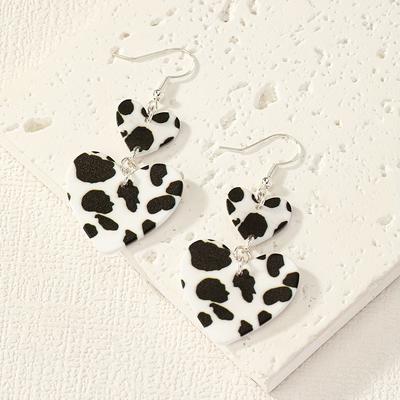A Pair of Fashionable Acrylic Printed Spotted Cow Pattern Love Earrings, Daily Casual Versatile Women's Ears