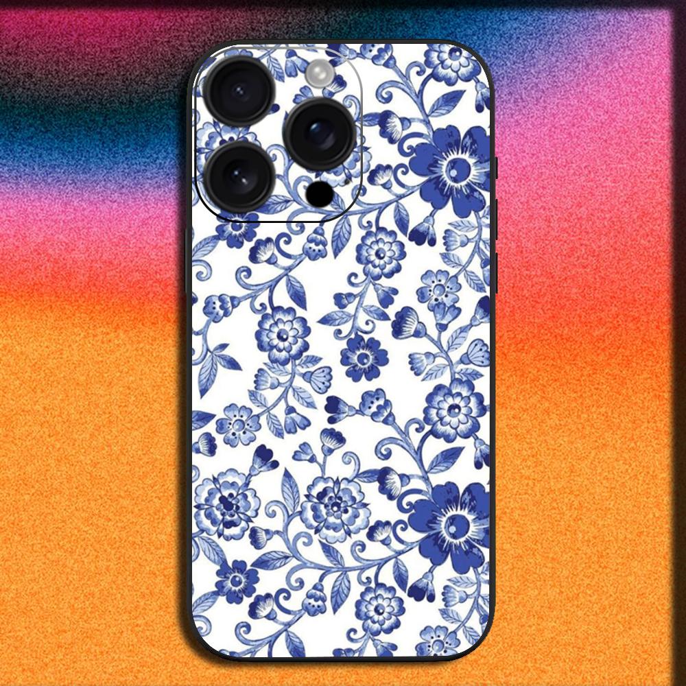 Blue and White Porcelain Phone Case For iPhone 16,15,14,13,12,11,Pro,XS,Max,XR,Plus,E,Mini Soft Black Cover