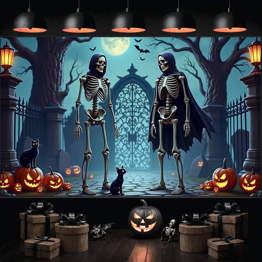 Skeleton Banner Pumpkin Decoration Gothic Decor Spooky Decoration Illustrated Art Graveyard Backdrop For Indoor Decoration
