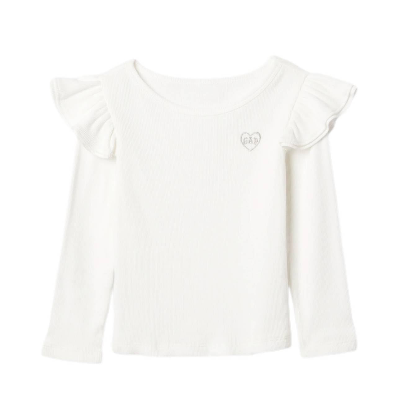 

GAP babyGap Топ с длинным рукавом для девочек, белый, в рубчик, с оборками (Белый, 105 см) белый