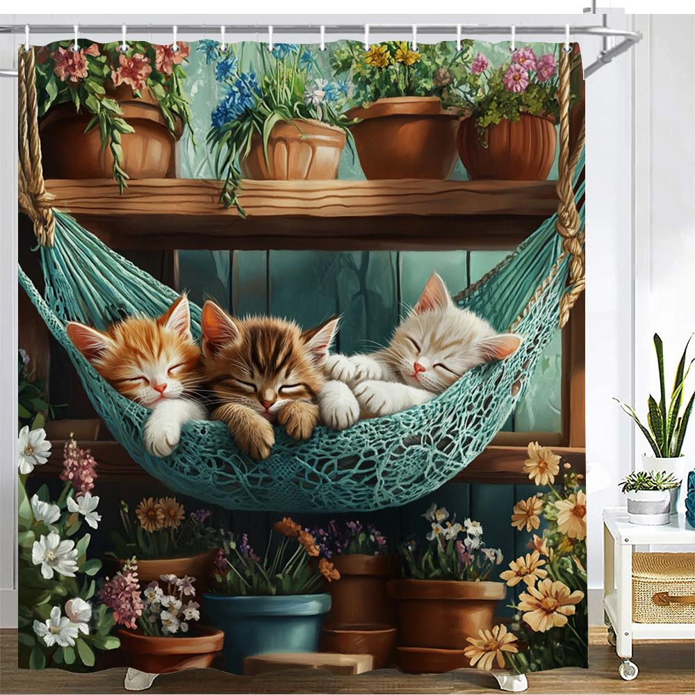Cartoon Cute Cat Shower Curtain Printed Fabric Garden flowers and plants Cats Bathroom Curtain Bathtub Home Decoration Curtain