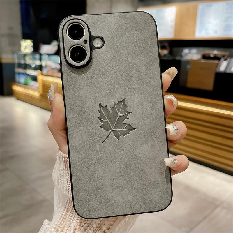 Slim Lambskin Leather Maple Leaves Pattern Phone Case for iphone 16E 11 12 13 14 15 16 Pro Max 15 16 Plus Soft Bumper Back Cover
