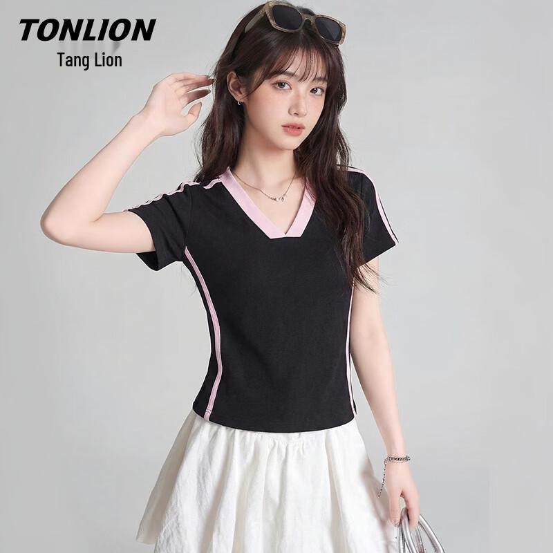 TonLion Women s V-Neck Colorblock Slim-Fit T-Shirt M