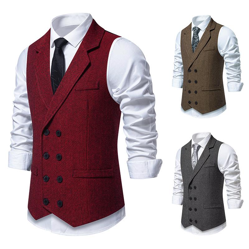 Herren Satin-Innenweste mit Fischgrätstich Business Casual Formeller Anzug Fake-Taschenweste Zweireihige Anzugweste