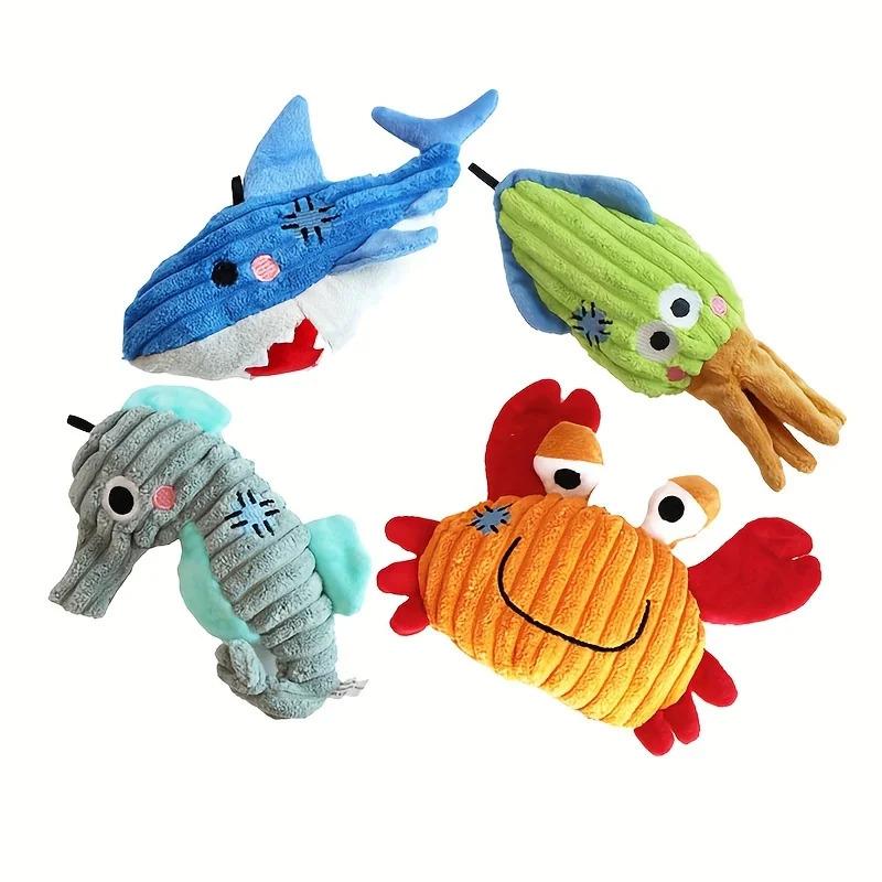 Squeaky Corduroy Dog Toys Plush Bite Resistant Chew Toys for Puppy Training Shark Crab Seahorse Interactive Pet Toys for Small