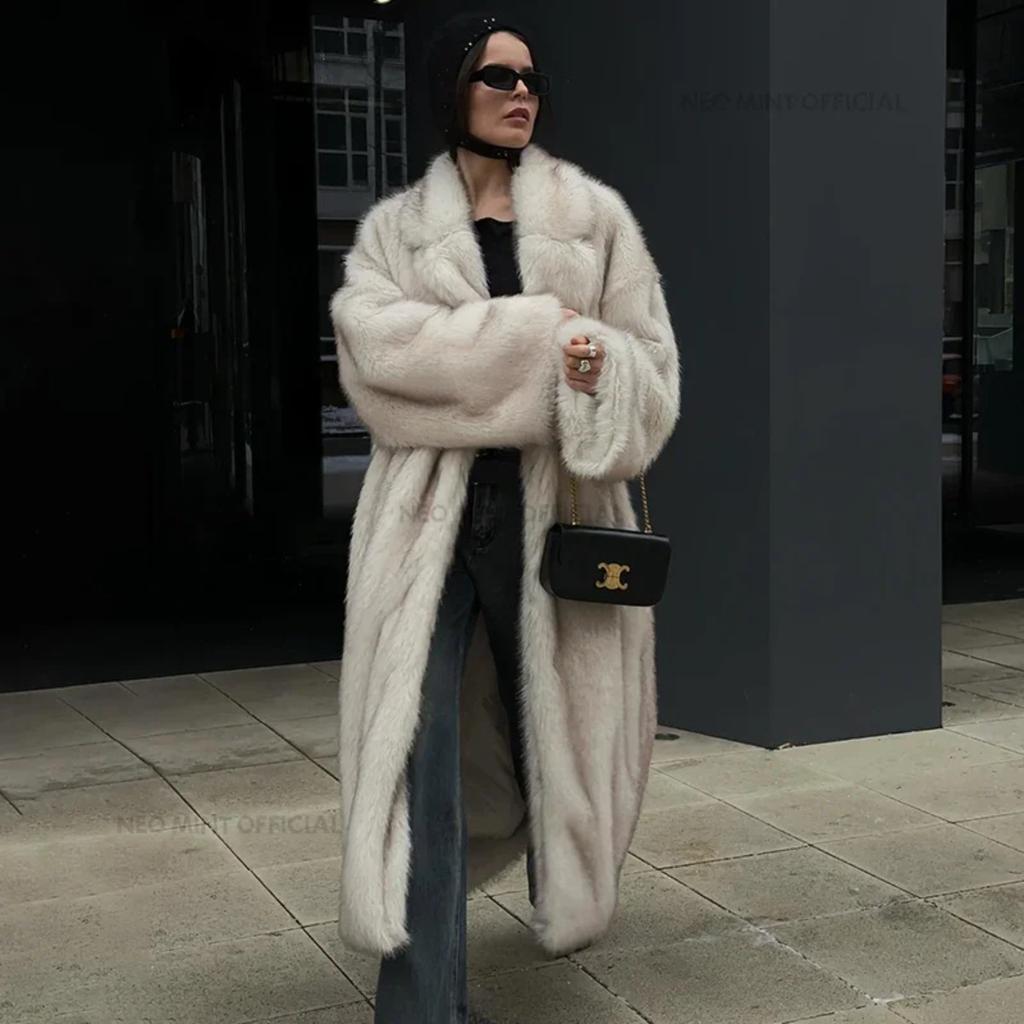 Vintage Luxury Long Faux Fox Fur Coat Women Winter Warm Fluffy Fur Jacket Female Street Furry Outerwear Overcoat