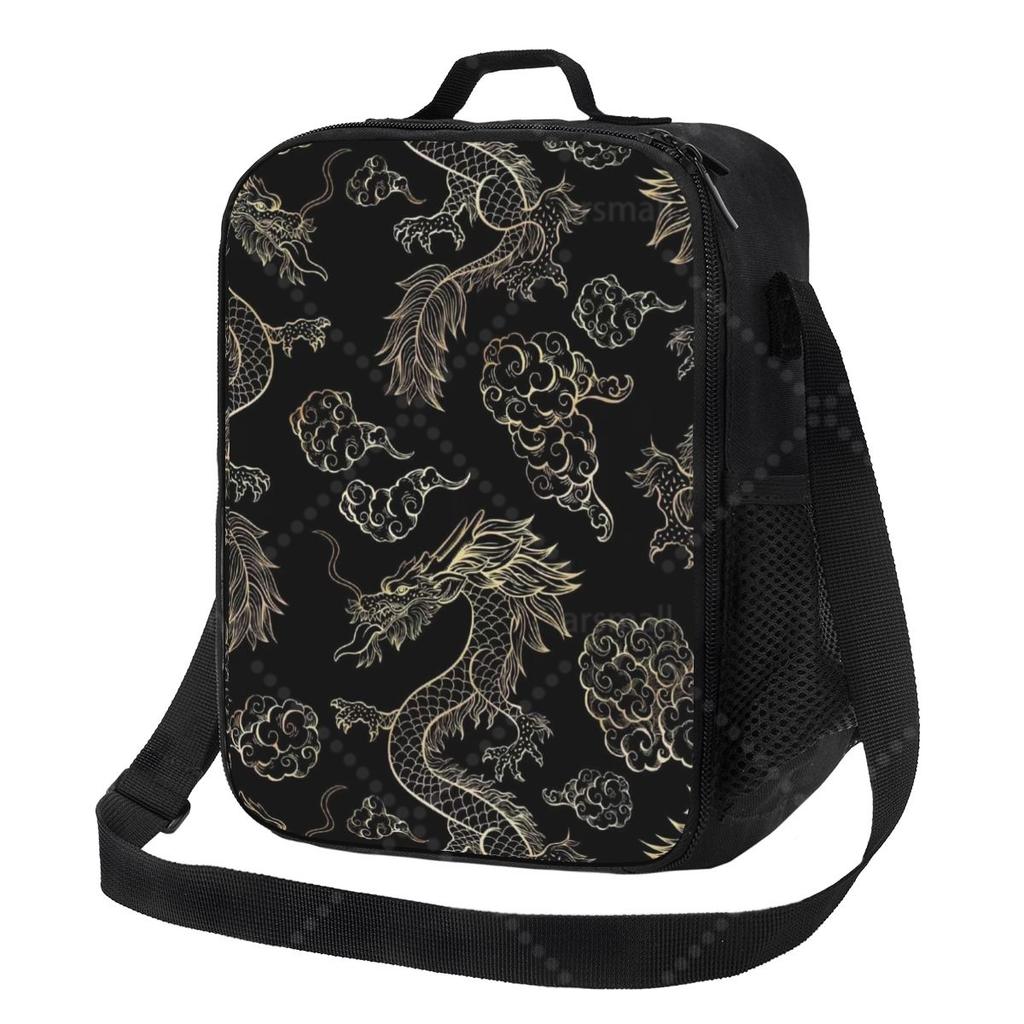 Vintage Dragon Printed Lunch Bag with Adjustable Shoulder Strap Reusable Thermal Bento Tote for Work Picnic Beach