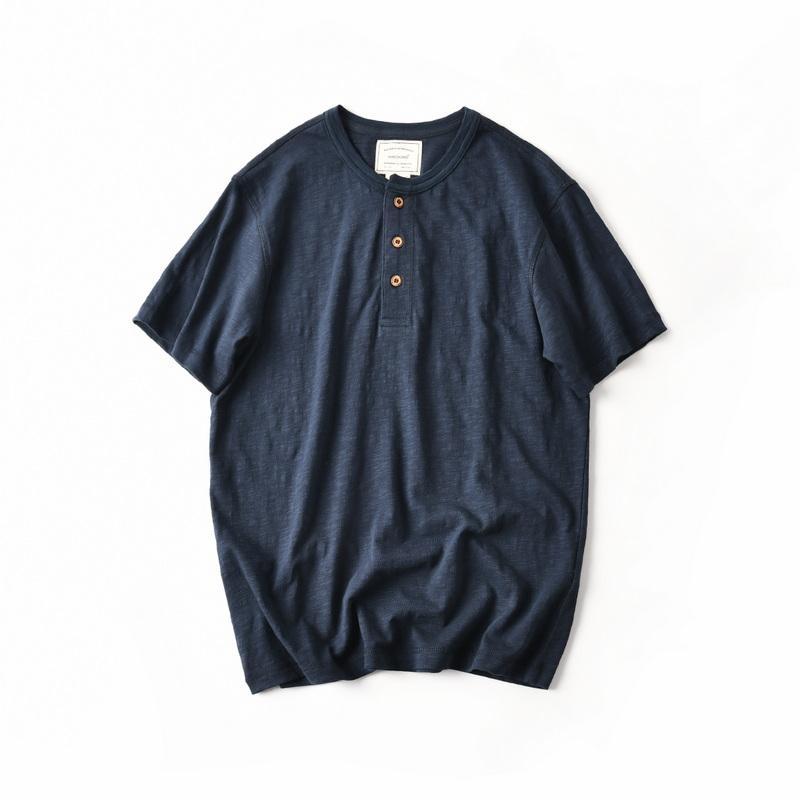 Men's Navy Blue Henley Neck T-Shirt Casual Loose Fit Short Sleeve Top